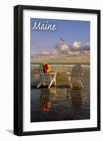 Maine - Adirondack Chairs on the Beach-Lantern Press-Framed Art Print