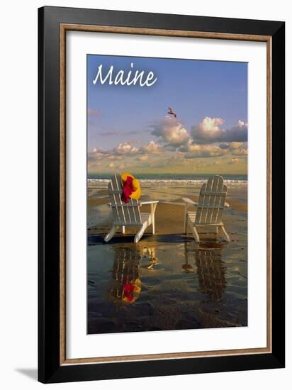 Maine - Adirondack Chairs on the Beach-Lantern Press-Framed Art Print