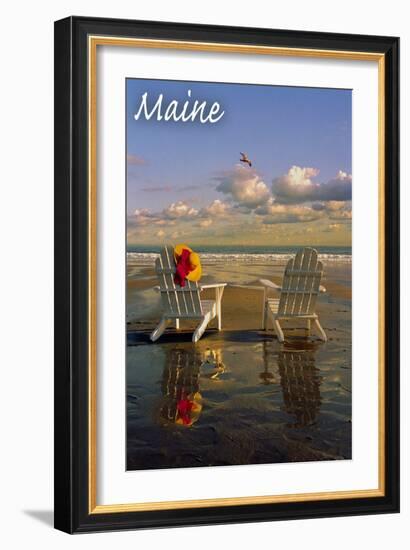 Maine - Adirondack Chairs on the Beach-Lantern Press-Framed Art Print