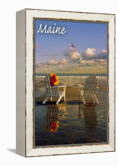 Maine - Adirondack Chairs on the Beach-Lantern Press-Framed Stretched Canvas