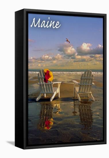 Maine - Adirondack Chairs on the Beach-Lantern Press-Framed Stretched Canvas