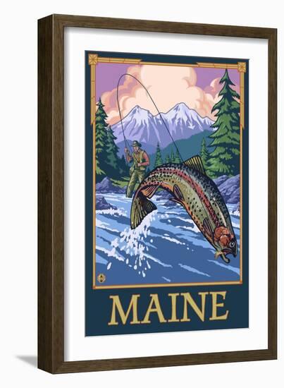 Maine - Angler Fisherman Scene-Lantern Press-Framed Art Print