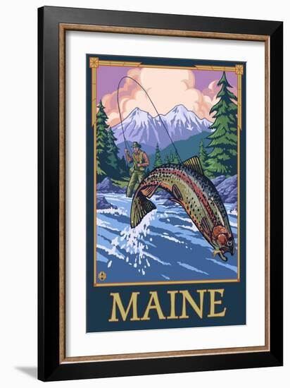Maine - Angler Fisherman Scene-Lantern Press-Framed Art Print
