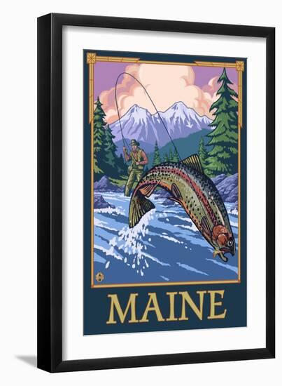 Maine - Angler Fisherman Scene-Lantern Press-Framed Art Print