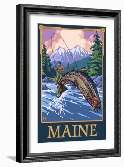 Maine - Angler Fisherman Scene-Lantern Press-Framed Art Print