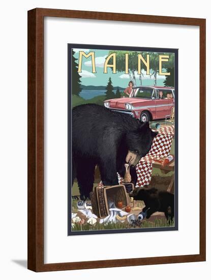 Maine - Bear and Picnic Scene-Lantern Press-Framed Art Print
