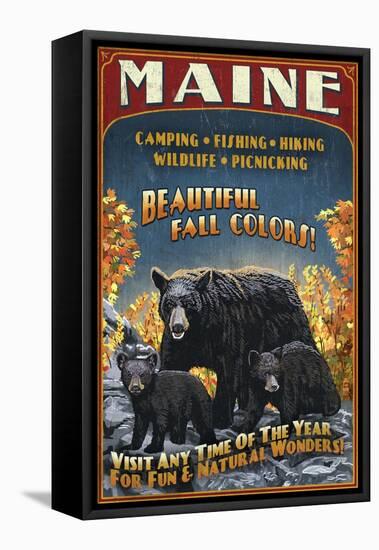 Maine - Black Bear Family Vintage Sign-Lantern Press-Framed Stretched Canvas