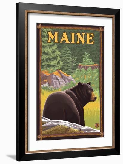 Maine - Black Bear in Forest-Lantern Press-Framed Art Print