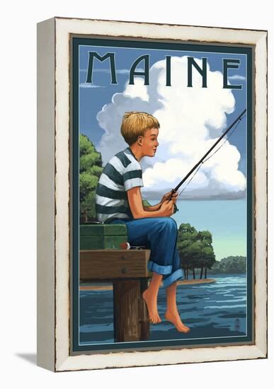 Maine - Boy Fishing-Lantern Press-Framed Stretched Canvas