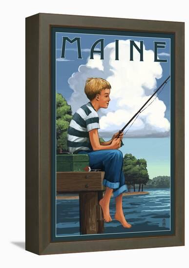 Maine - Boy Fishing-Lantern Press-Framed Stretched Canvas