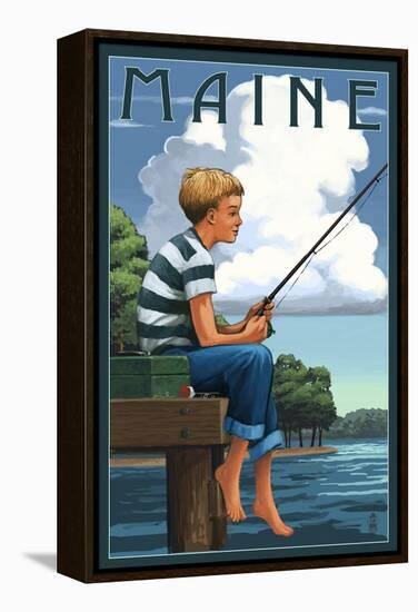 Maine - Boy Fishing-Lantern Press-Framed Stretched Canvas