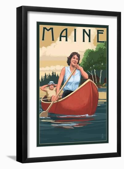 Maine - Canoers on Lake-Lantern Press-Framed Art Print