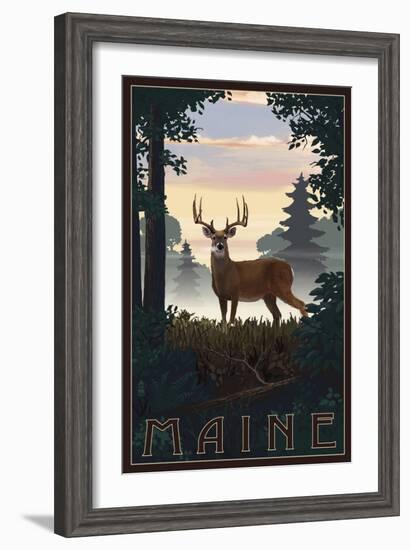 Maine - Deer and Sunrise-Lantern Press-Framed Art Print