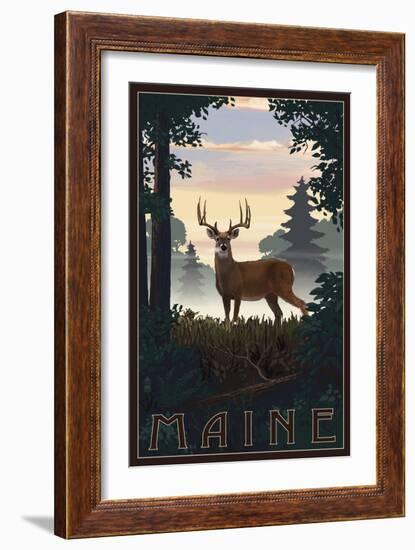 Maine - Deer and Sunrise-Lantern Press-Framed Art Print