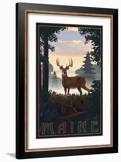 Maine - Deer and Sunrise-Lantern Press-Framed Art Print