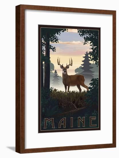 Maine - Deer and Sunrise-Lantern Press-Framed Art Print