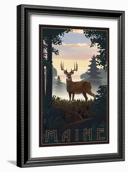 Maine - Deer and Sunrise-Lantern Press-Framed Art Print