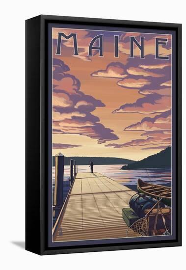 Maine - Dock Scene and Lake-Lantern Press-Framed Stretched Canvas