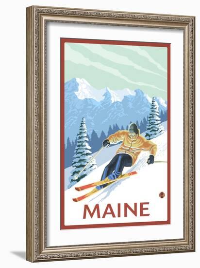 Maine - Downhill Skier Scene-Lantern Press-Framed Art Print