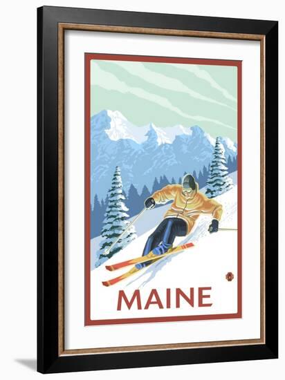 Maine - Downhill Skier Scene-Lantern Press-Framed Art Print