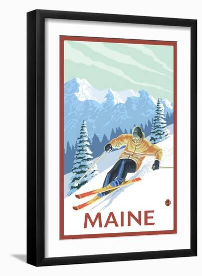 Maine - Downhill Skier Scene-Lantern Press-Framed Art Print