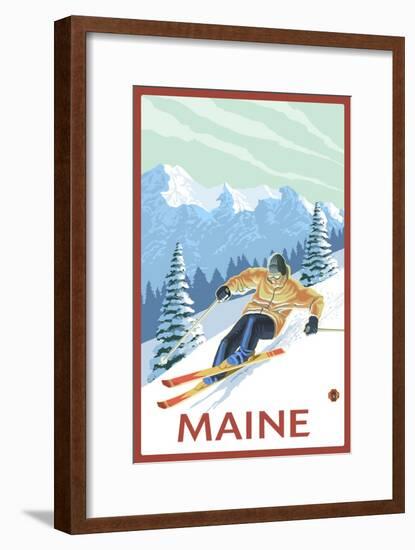 Maine - Downhill Skier Scene-Lantern Press-Framed Art Print