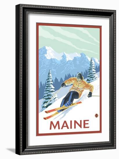 Maine - Downhill Skier Scene-Lantern Press-Framed Art Print