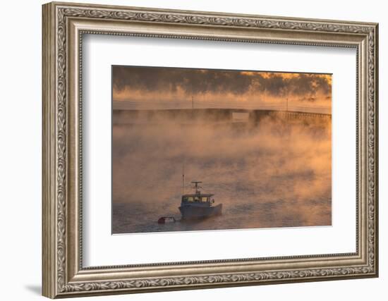 Maine, Harpswell. Fishing Boat Moored in Mist-Jaynes Gallery-Framed Photographic Print