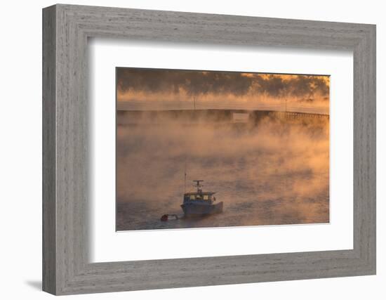 Maine, Harpswell. Fishing Boat Moored in Mist-Jaynes Gallery-Framed Photographic Print