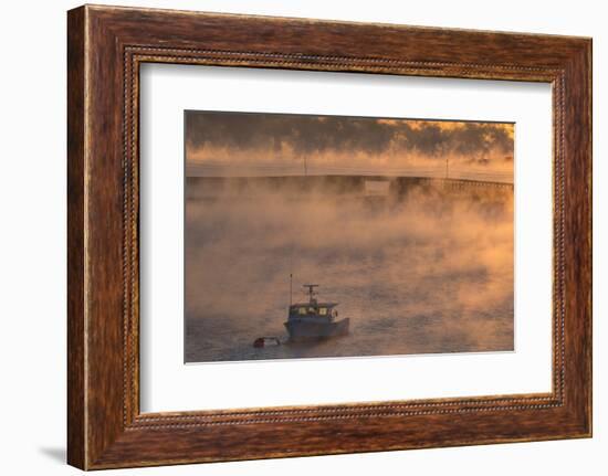 Maine, Harpswell. Fishing Boat Moored in Mist-Jaynes Gallery-Framed Photographic Print