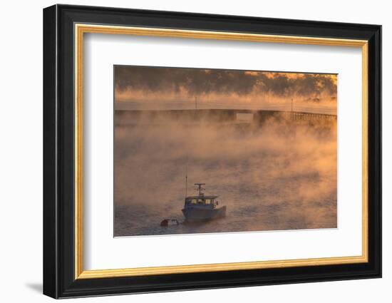 Maine, Harpswell. Fishing Boat Moored in Mist-Jaynes Gallery-Framed Photographic Print