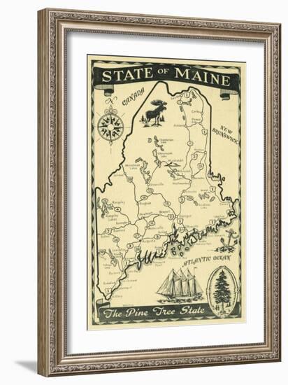 Maine, Highway Map of the Pine Tree State Scene-Lantern Press-Framed Art Print