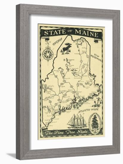 Maine, Highway Map of the Pine Tree State Scene-Lantern Press-Framed Art Print