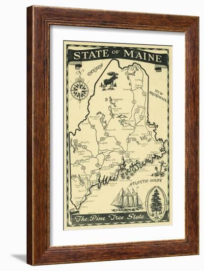 Maine, Highway Map of the Pine Tree State Scene-Lantern Press-Framed Art Print