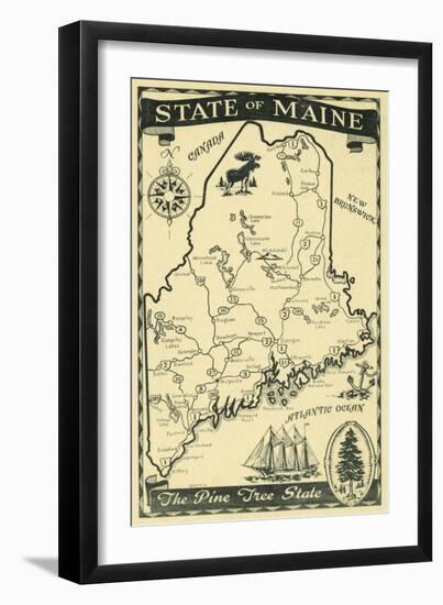 Maine, Highway Map of the Pine Tree State Scene-Lantern Press-Framed Art Print