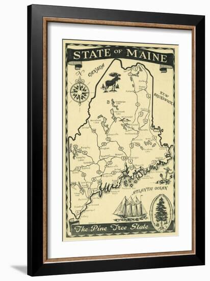 Maine, Highway Map of the Pine Tree State Scene-Lantern Press-Framed Art Print