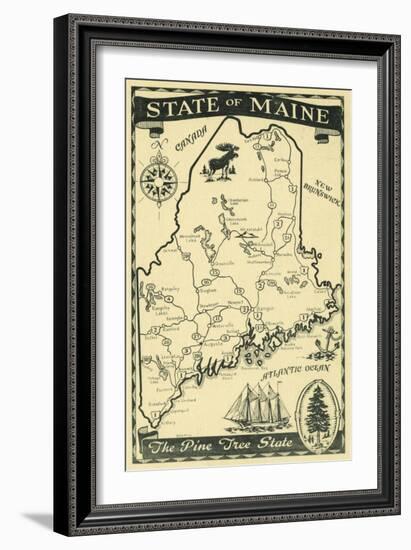 Maine, Highway Map of the Pine Tree State Scene-Lantern Press-Framed Art Print