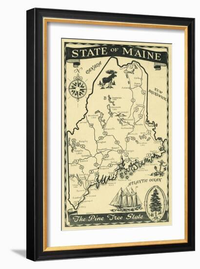 Maine, Highway Map of the Pine Tree State Scene-Lantern Press-Framed Art Print