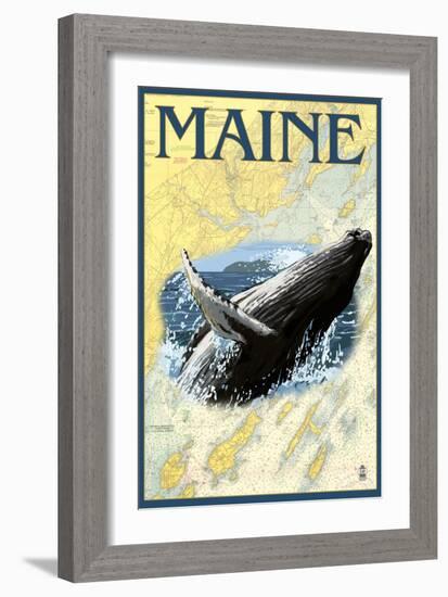 Maine - Humpback Whale and Nautical Chart-Lantern Press-Framed Premium Giclee Print