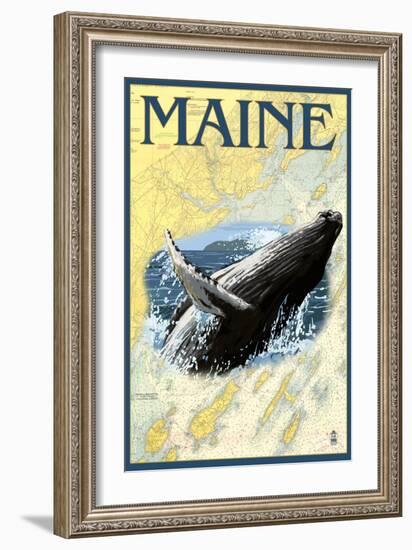 Maine - Humpback Whale and Nautical Chart-Lantern Press-Framed Art Print