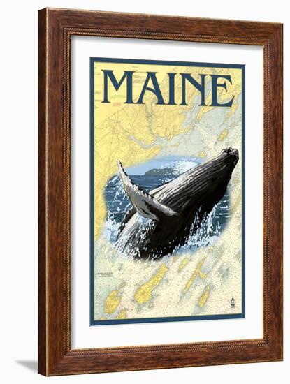 Maine - Humpback Whale and Nautical Chart-Lantern Press-Framed Art Print