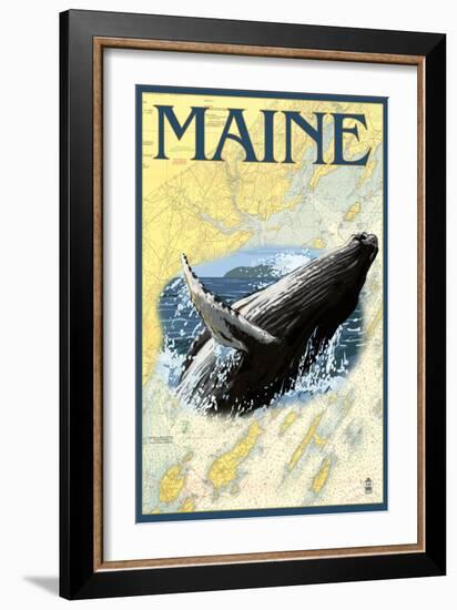 Maine - Humpback Whale and Nautical Chart-Lantern Press-Framed Art Print