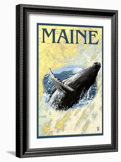 Maine - Humpback Whale and Nautical Chart-Lantern Press-Framed Art Print