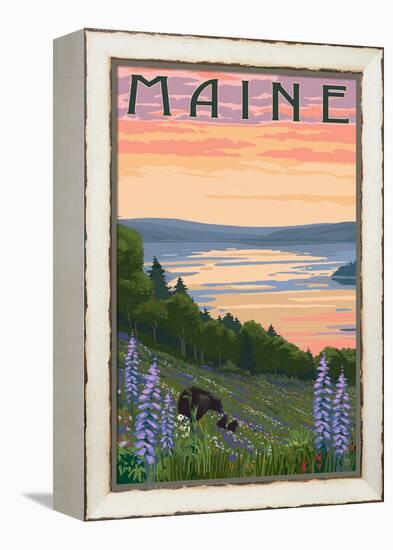 Maine - Lake and Bear Family-Lantern Press-Framed Stretched Canvas