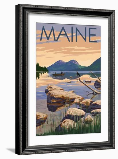 Maine - Lake Scene and Canoe-Lantern Press-Framed Art Print