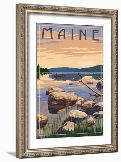 Maine - Lake Sunrise Scene-Lantern Press-Framed Art Print