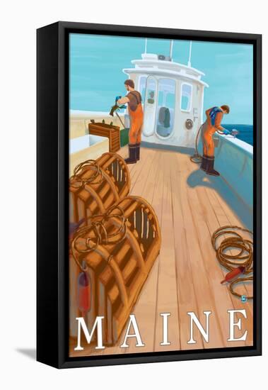 Maine, Lobster Fishing Boat Scene-Lantern Press-Framed Stretched Canvas
