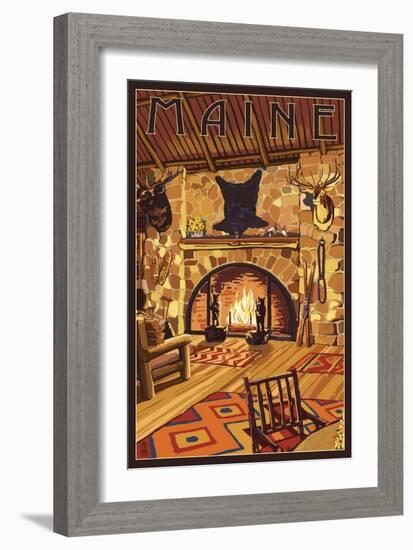 Maine - Lodge Interior-Lantern Press-Framed Art Print