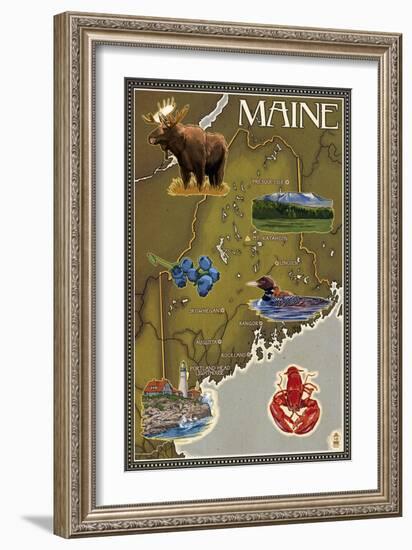 Maine Map and Icons-Lantern Press-Framed Art Print