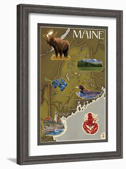 Maine Map and Icons-Lantern Press-Framed Art Print